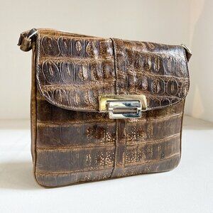 Vintage 50s 60s Faux Croc Skin Brown Square Handbag